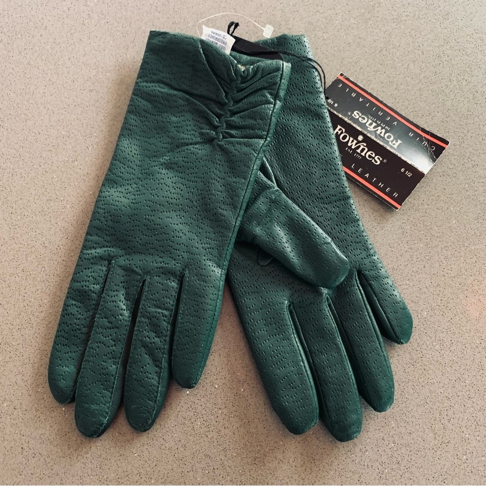NWT Fownes Hunter Green Genuine Leather Gloves Women's 6.5 Lined Ruched Detail